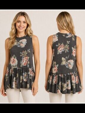 💐Braeve Gray Floral Stretch Knit Drop Waist Ruffle Hem Tunic Top XS/S